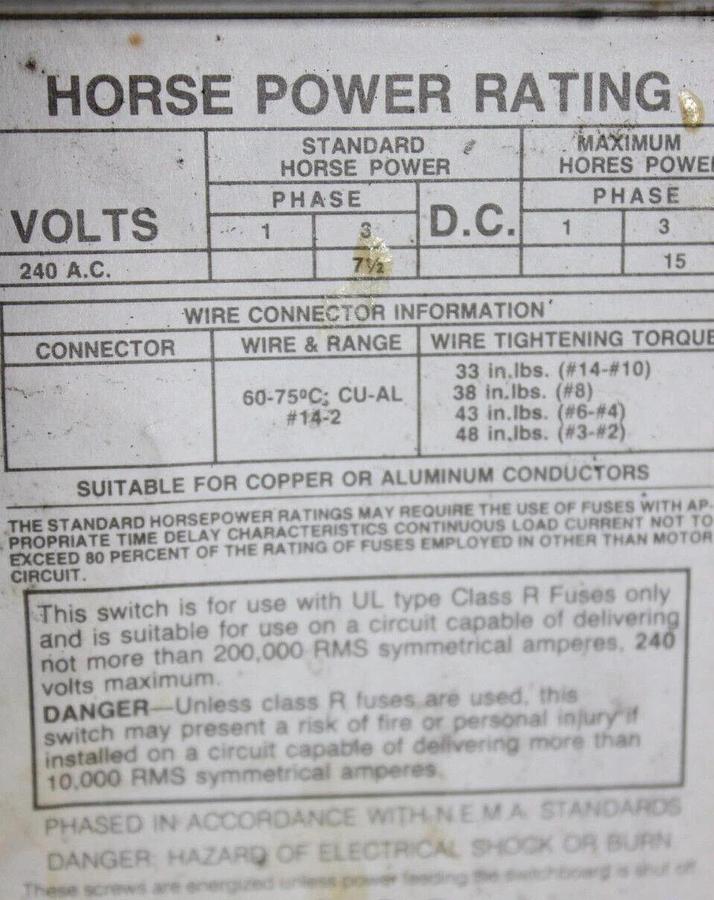 Used ITE FUSIBLE PANELBOARD VACU-BREAK DISCONNECT V7B3222R 60 AMP 240 VOLT 3-PHASE