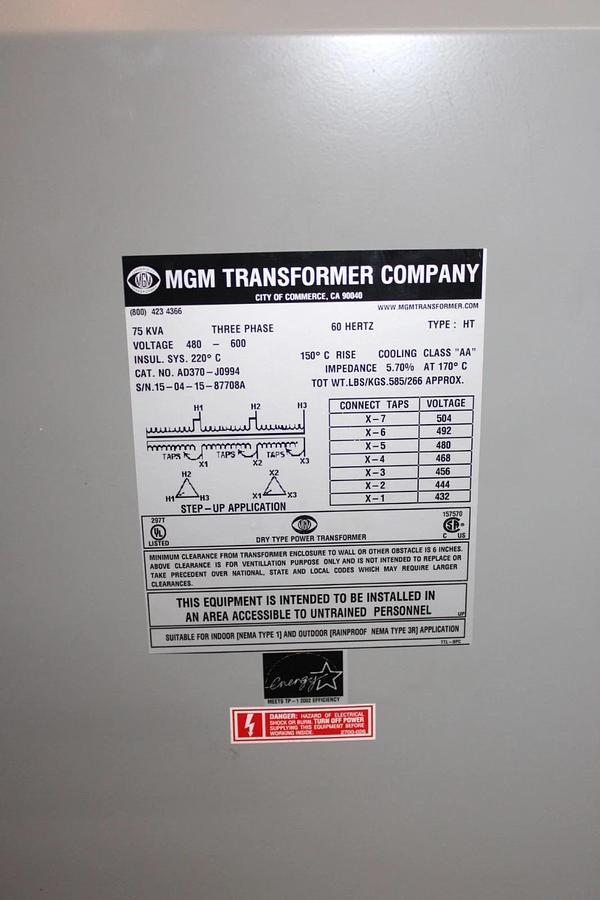 75 kVA MGM TRANSFORMER AD370-J0994 HIGH: 480V LOW: 600V 3-PHASE 60 HZ