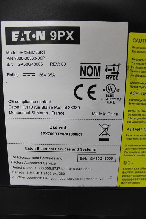 Used EATON EXTENDED BATTERY MODULE 9PX-EBM 9PXEBM36RTZ 36 VDC 35 AMP 9000-00333-00P