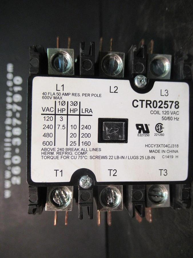 Used TRANE 3-PHASE CONTACTOR CTR02578 600 VAC 50 AMP 25 HP COIL: 120 VAC
