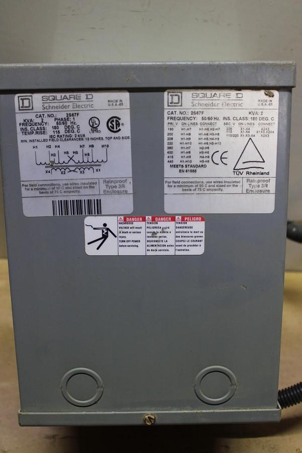 Used SQUARE D SINGLE PHASE TRANSFORMER 2S67F 2 KVA PRI: 480C SEC: 240V 3R ENCLOSURE