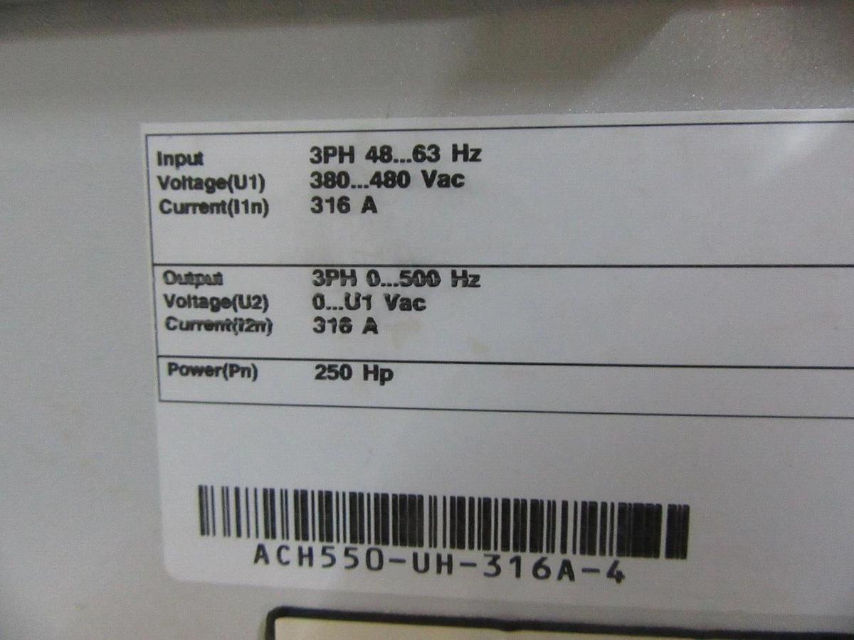 Used ABB VARIABLE SPEED DRIVE ACH550-UH-316A-4 3-PHASE 480 VAC 316 AMP