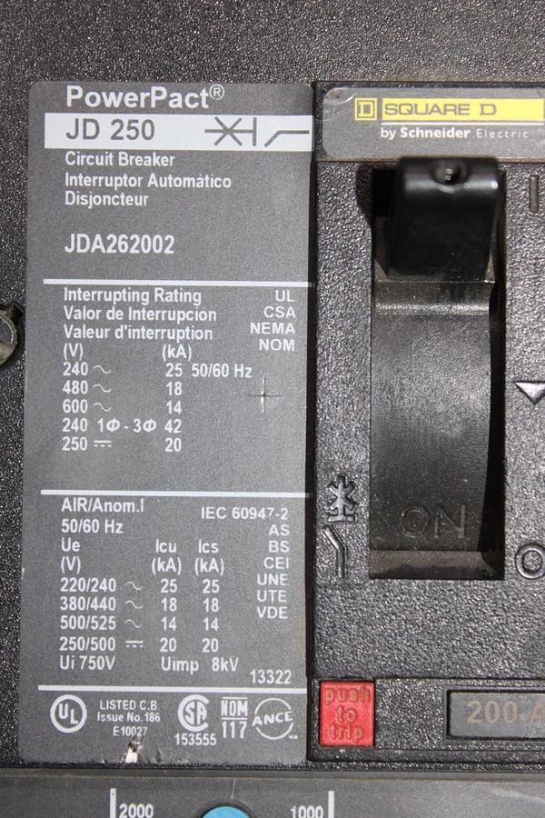 Used SQUARE D POWERPACT I-LINE CIRCUIT BREAKER JDA262002 200 AMP 2-POLE 600 VAC