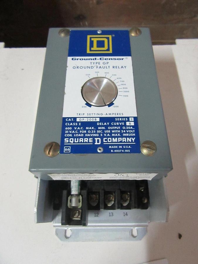 Used SQUARE D GP-200B TYPE GP GROUND FAULT RELAY 24 VAC INPUT 200 - 1200 AMPS SENSOR