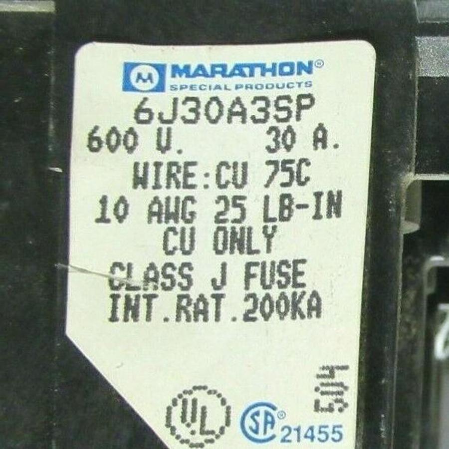 Used MARATHON FUSE HOLDER 6J30A3SP FOR 30 AMP 600 V CLASS J FUSES **WARRANTY**