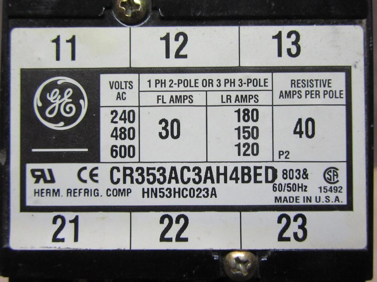 Used GE CONTACTOR CR353AC3AH4BED 600 VAC 30 AMP 3-POLE 3-PHASE COIL: 24 VOLT