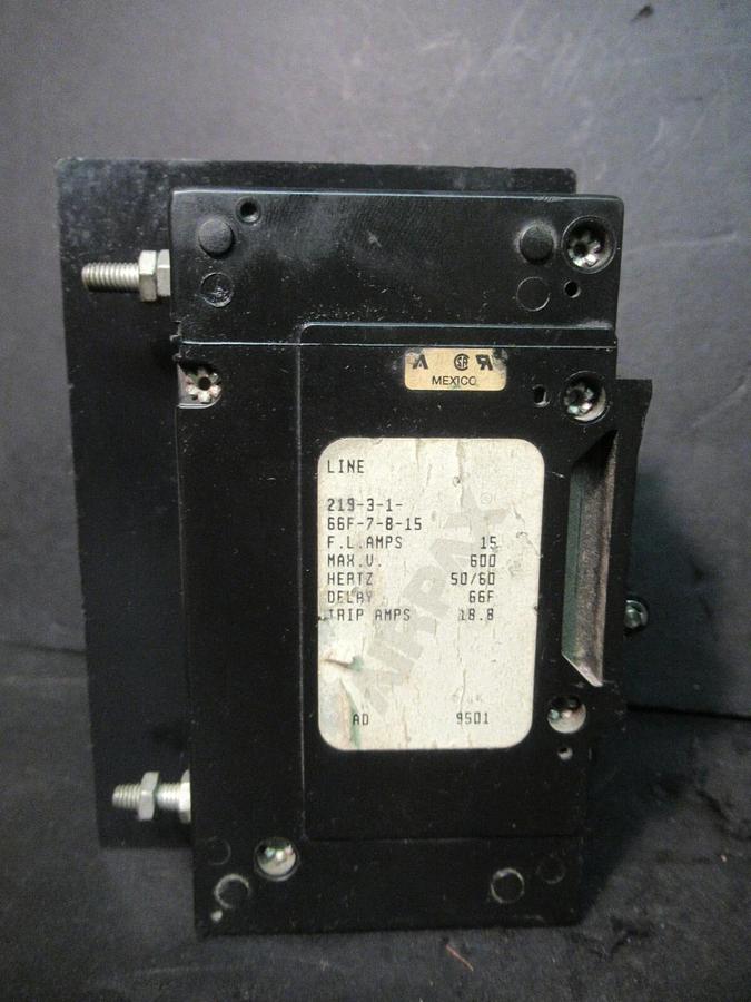 Used AIRPAX 3 POLE 15 AMP BREAKER 600 VAC 219-3-1-66F-7-8-15 18.8 TRIP AMPS 50/60 HZ