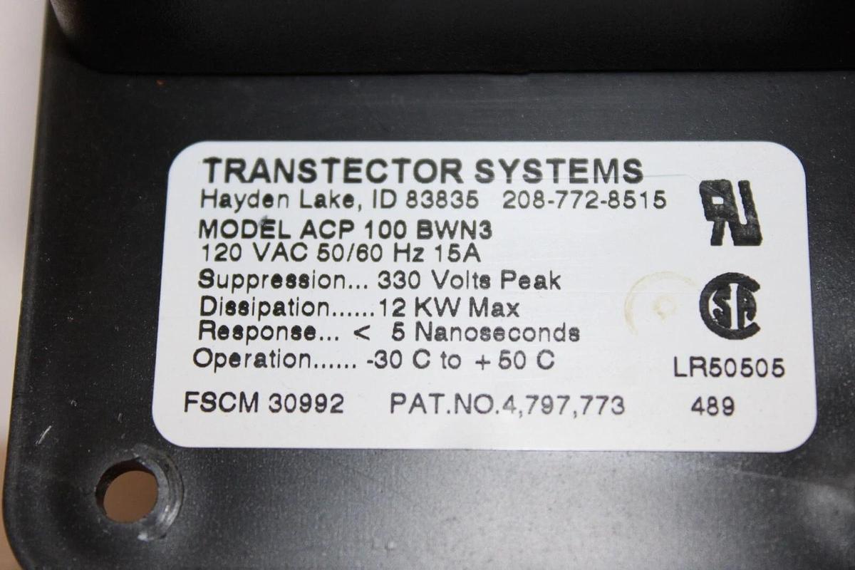 Used TRANSECTOR SYSTEMS SURGE PROTECTOR RELAY ACP-100-BWN3 120 VAC 15 AMP