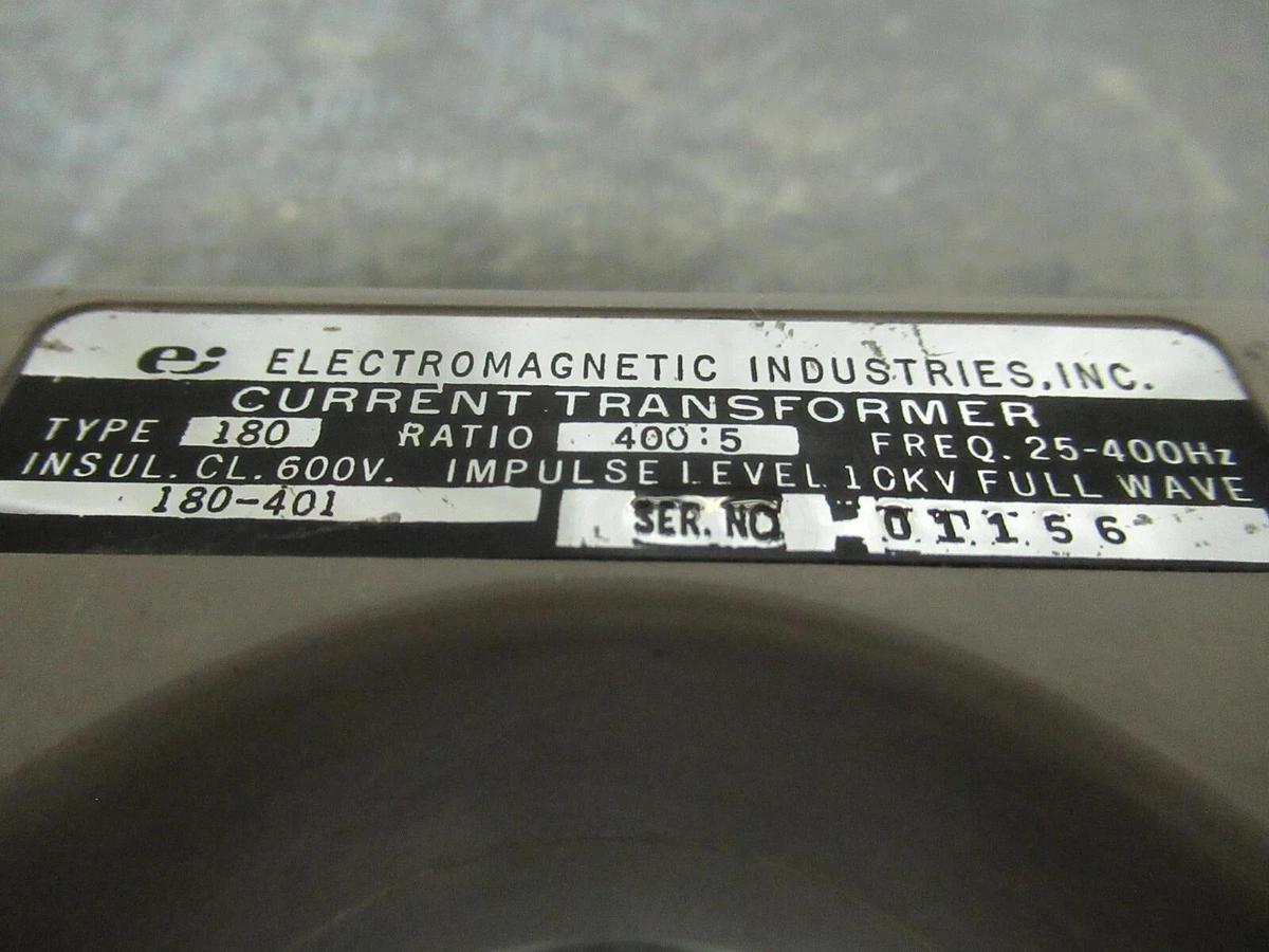 Used ELECTROMAGNETIC INDUSTRIES CURRENT TRANSFORMER 180-401 RATIO: 400:5A 25-400 HZ