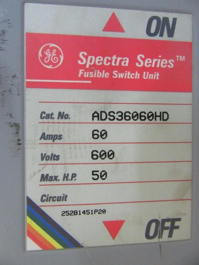 Used GE DUAL SPECTRA FUSIBLE PANEL SWITCH ADS36060HD 60 AMP 600 VOLT 50 HP