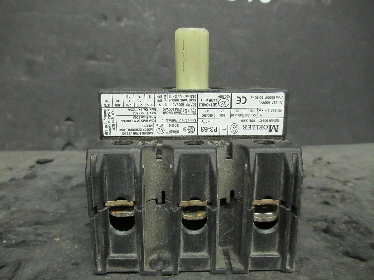 Used KLOCKNER MOELLER 60 AMP TWIST PANEL DISCONNECT SWITCH P3-63 40 HP @ 460 VAC 3 PH