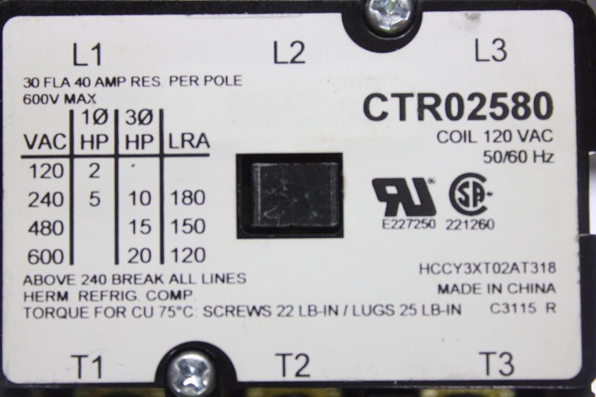 Used TRANE CONTACTOR CTR02580 HCCY3XT02AT318 30 AMP 600 VAC 3-POLE 3-PHASE