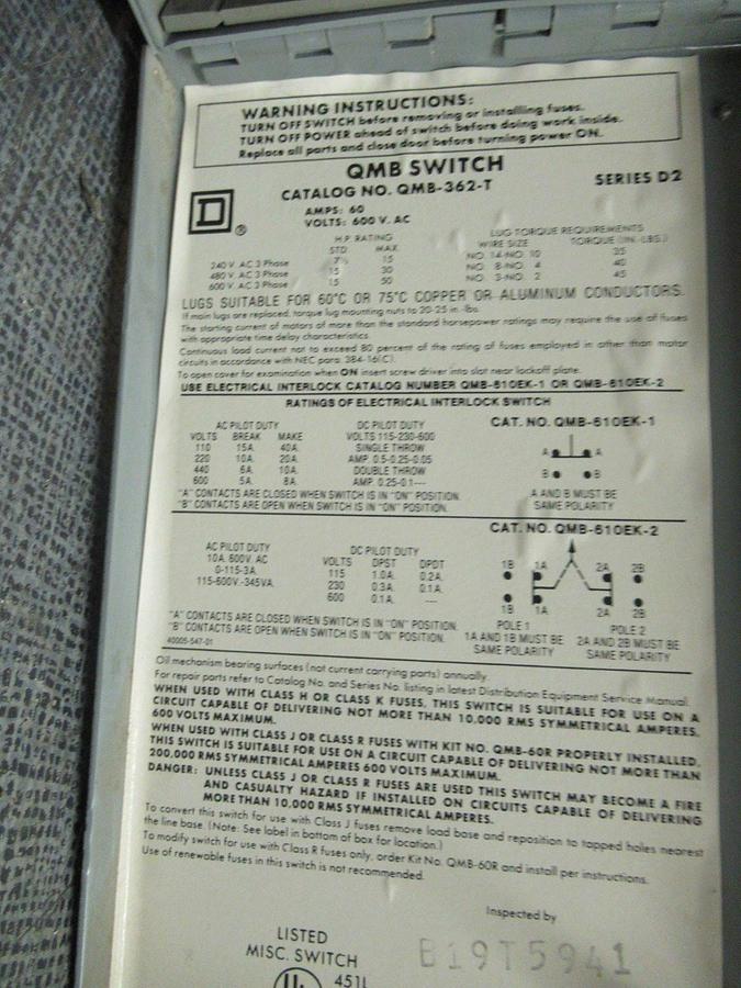 Used SQUARE D TWIN QMB SWITCH UNIT QMB-362-T 600V 60A 50HP **WARRANTY INCLUDED**