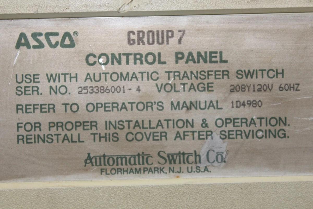 Used ASCO AUTOMATIC TRANSFER SWITCH CONTROL PANEL JS363-620-2F 208/120V 60 HZ