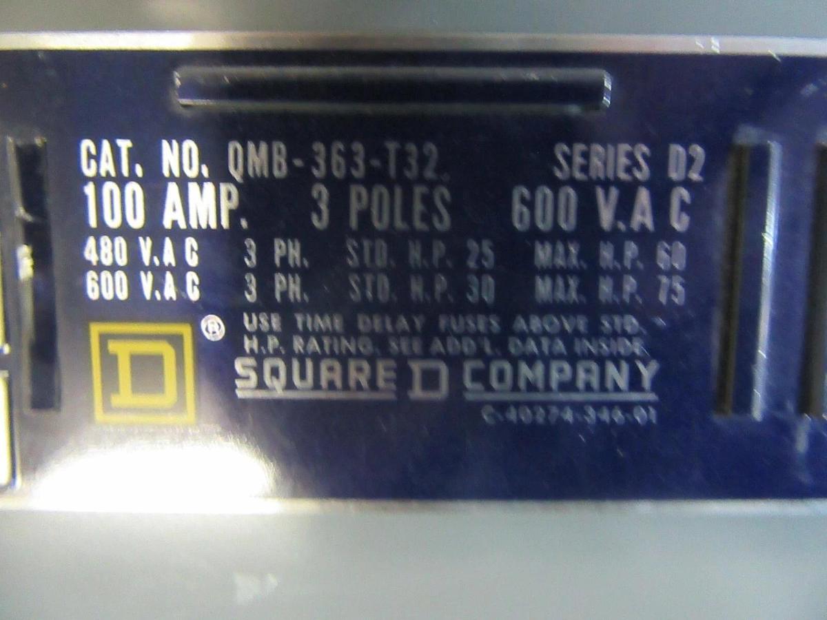 Used SQUARE D QMB TWIN PANELBOARD SWITCH QMB-363-T32 60 AMP 600 VOLT 15 HP