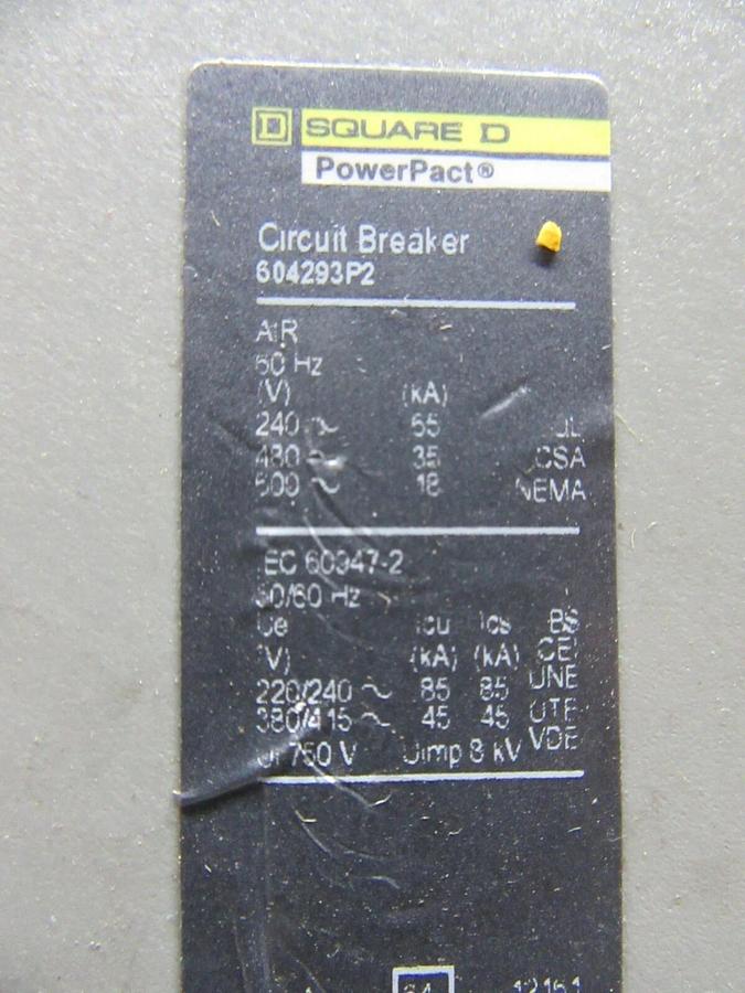 Used SQUARE D POWERPACT CIRCUIT BREAKER 604293P2 400 AMP 3-POLE 600 VAC