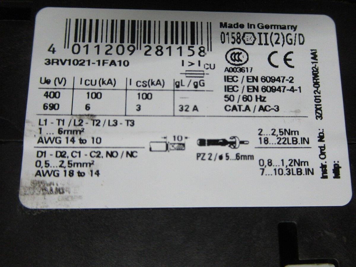 Used SIEMENS MANUAL MOTOR STARTER 3RV1021-1FA10 W/ 3RT1023-1A..0 600 VAC 7.5 HP