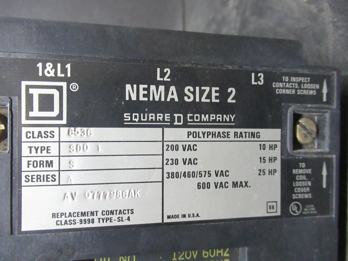 Used SQUARE D NEMA 2 STARTER 8536SD01 W/ OVERLOAD RELAY 600 VAC 25 HP 3-PHASE