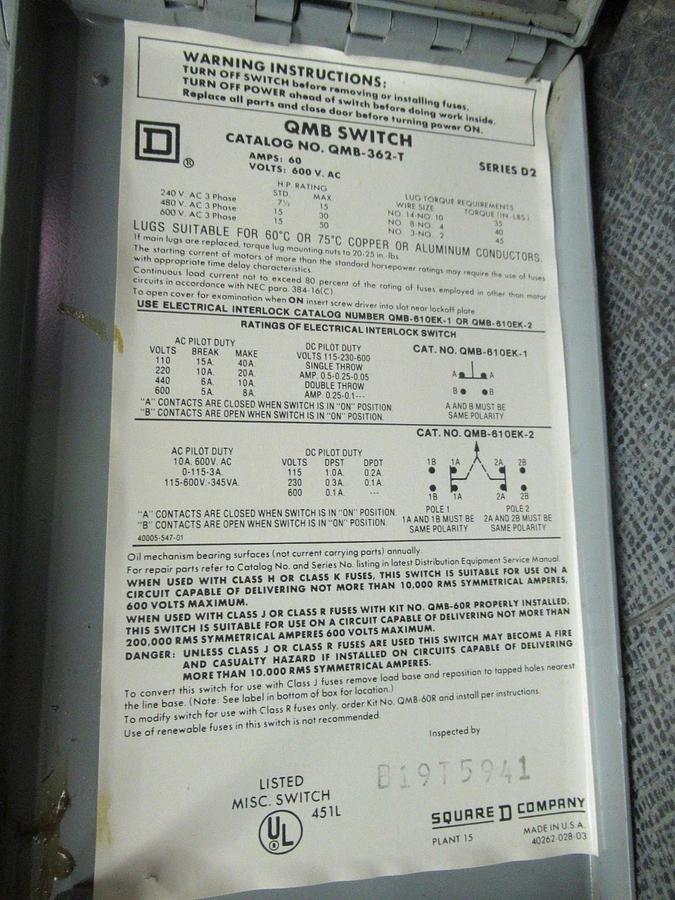 Used SQUARE D TWIN QMB SWITCH UNIT QMB-362-T 600V 60A 50HP **WARRANTY INCLUDED**