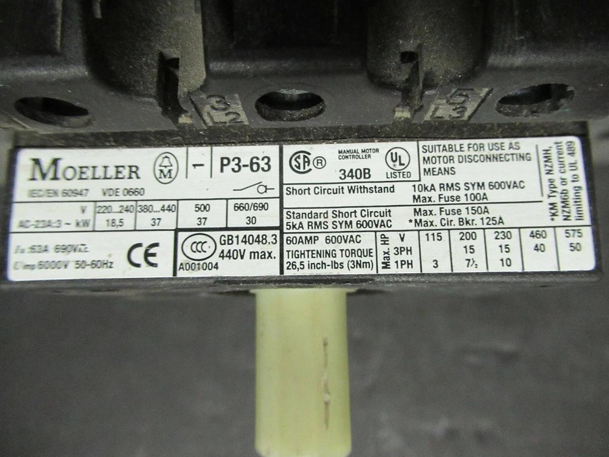 Used KLOCKNER MOELLER 60 AMP TWIST PANEL DISCONNECT SWITCH P3-63 40 HP @ 460 VAC 3 PH