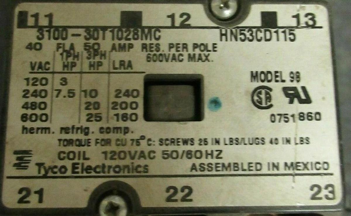 Used TYCO CONTACTOR 40 AMP 50 RES 600V 3 PH 120V COIL 25 HP # 3100-30T1028MC