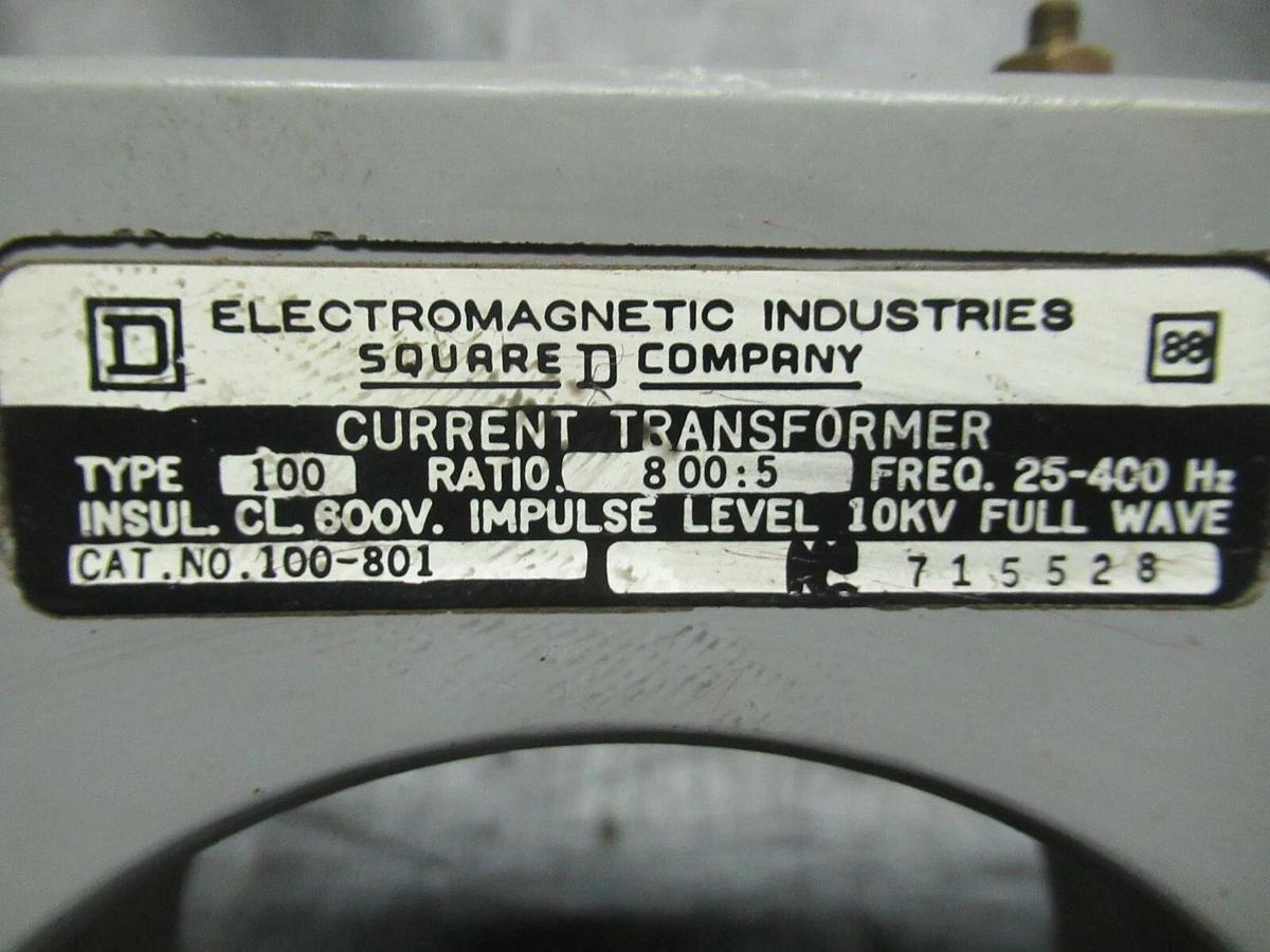 Used SQUARE D CT CAT: 100-801 RATIO: 800:5 25 HZ 600 V IMPULSE: 10KV FULL WAVE