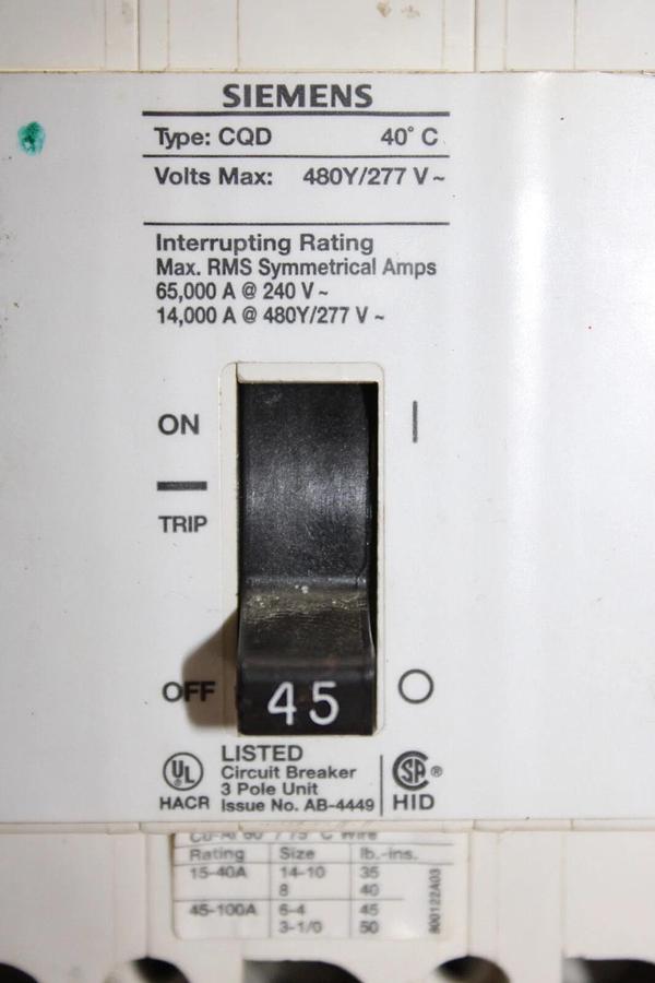 Used SIEMENS 3-POLE BREAKER CQD345 45 AMP 480Y/277 VOLT *30 DAY WARRANTY INCLUDED*