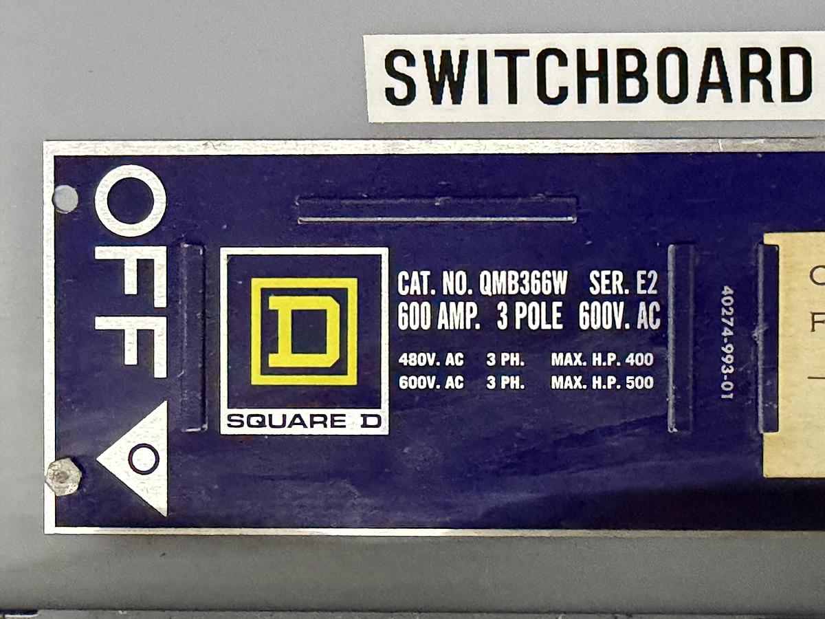 Used SQUARE D QMB BRANCH SWITCH QMB365W 400 AMP 600 VAC 3-POLE