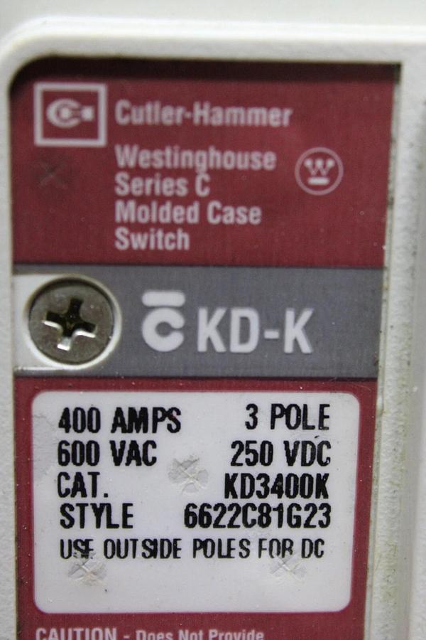 Used CUTLER HAMMER KD-K CIRCUIT BREAKER KD3400K 400 AMP 600 VAC 3-POLE