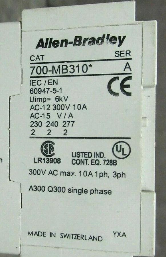 Used ALLEN BRADLEY CONTROL RELAY 700-MB310* SER. A MB400 600 VAC 10 AMP 120 VAC COIL