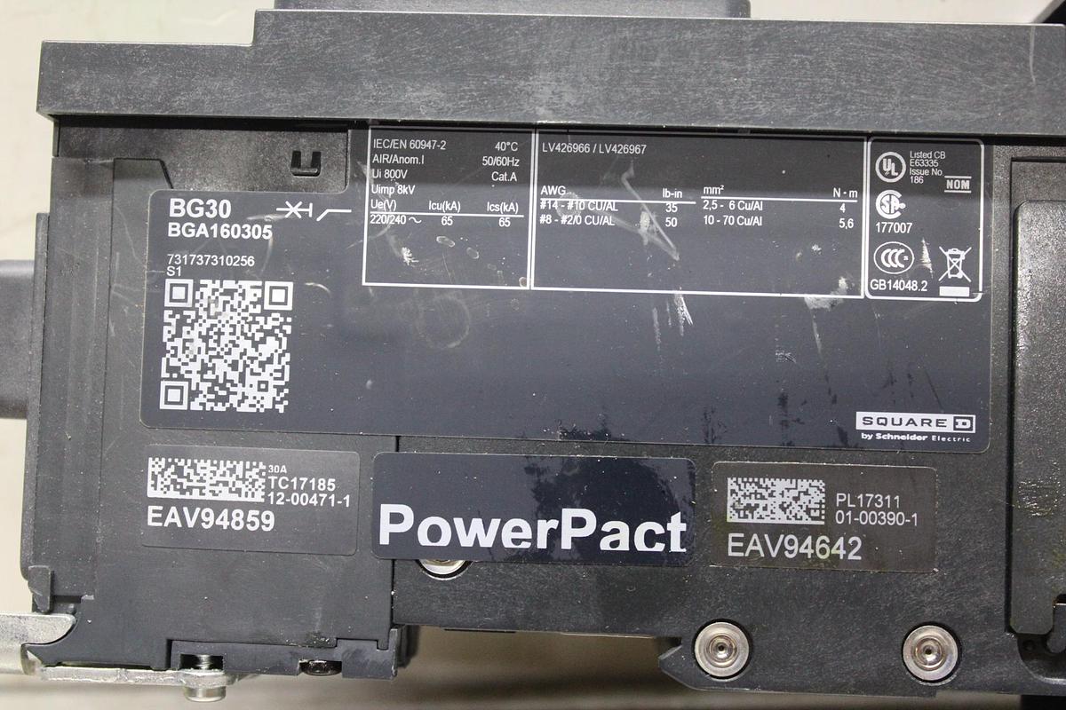 Used SQUARE D POWERPACT I-LINE CIRCUIT BREAKER BGA160303 30 AMP B-POLE 277 VAC