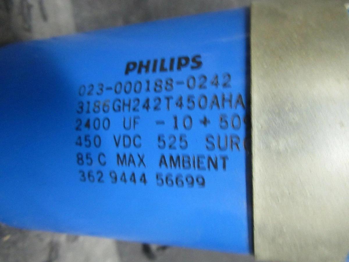 Used PHILLIPS 023-000188-0242 2400 uF 450 VDC CAPACITOR W/ BAND 3186GH242T450AHA