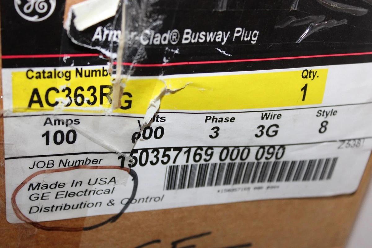 NEW SURPLUS GENERAL ELECTRIC BUS PLUG AC363RG 100 AMP 3-POLE 600 VAC 3-PHASE