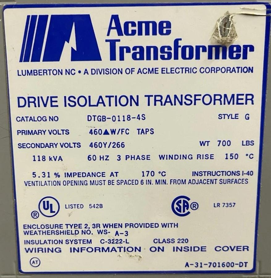 Used 118 KVA ACME TRANSFORMER DTGB-0118-4S 460V HIGH 460Y/266V LOW 3-PHASE NEMA 2