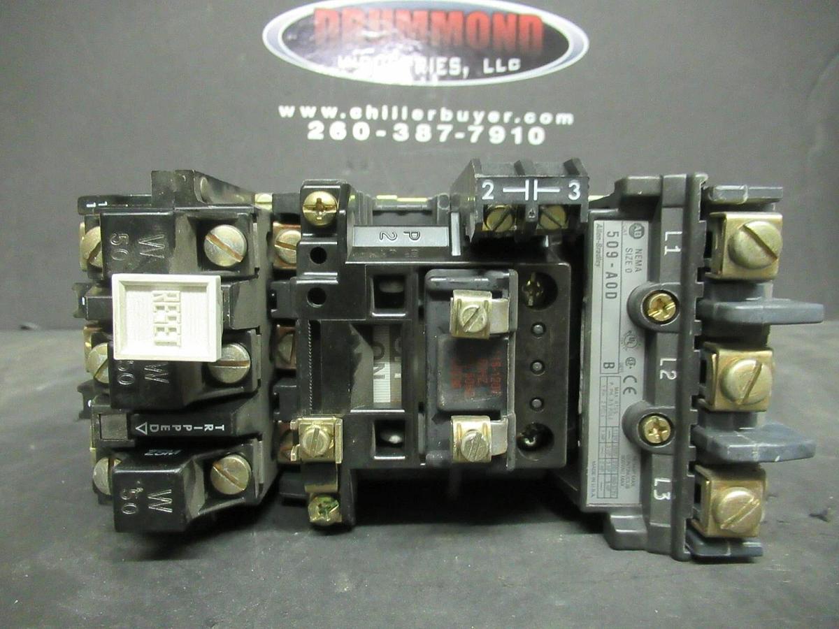 Used ALLEN BRADLEY STARTER 509-A0D SER. B 600 VAC 5 HP @ 460 VAC 3 PH 18 AMP SIZE 0