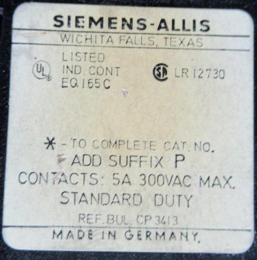 Used SIEMENS-ALLIS INDUSTRIAL TIMING RELAY TRA11C0 6-60 SECONDS 5 AMP 300 VAC MAX