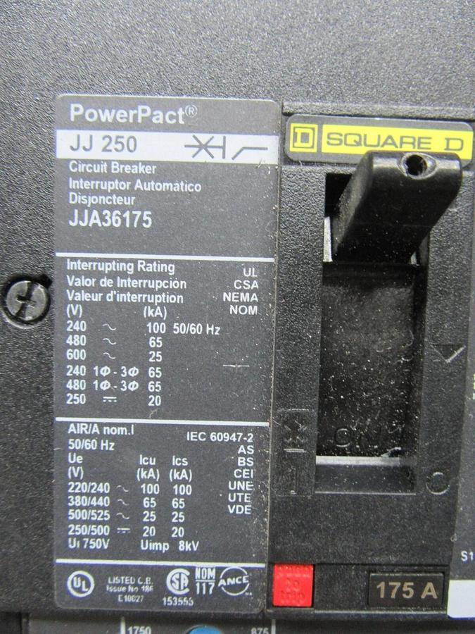 Used SQUARE D POWERPACT I-LINE BREAKER JJA36175 175 AMP 600 VAC JJ-250 **WARRANTY**
