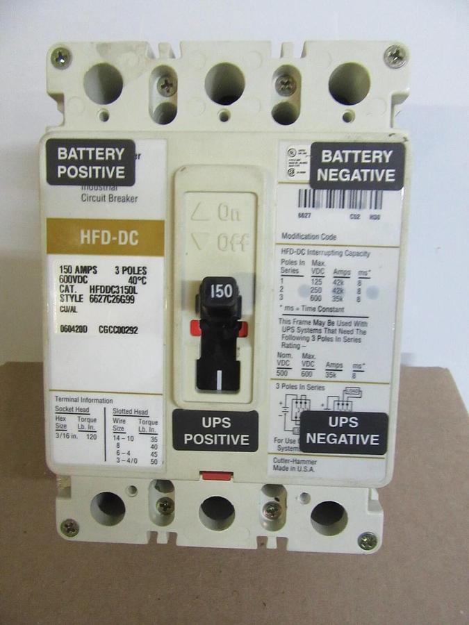 Used CUTLER HAMMER DC CIRCUIT BREAKER HFDDC3150L 150 AMP 3-POLE 600 VDC **WARRANTY**