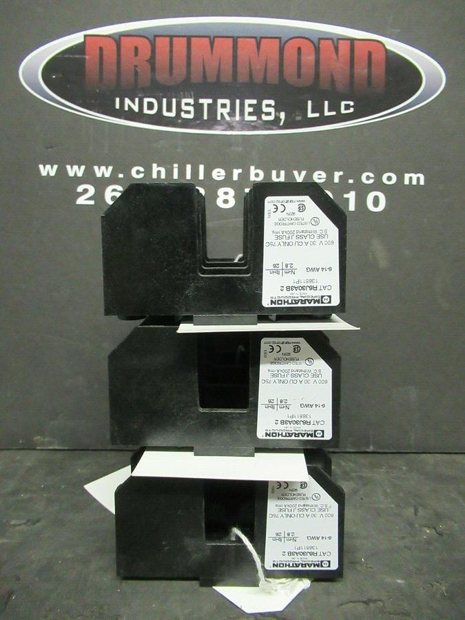 Used LOT OF 3 MARATHON FUSE HOLDER R6J30A3B-2 FOR 30 AMP 600 V CLASS J FUSES