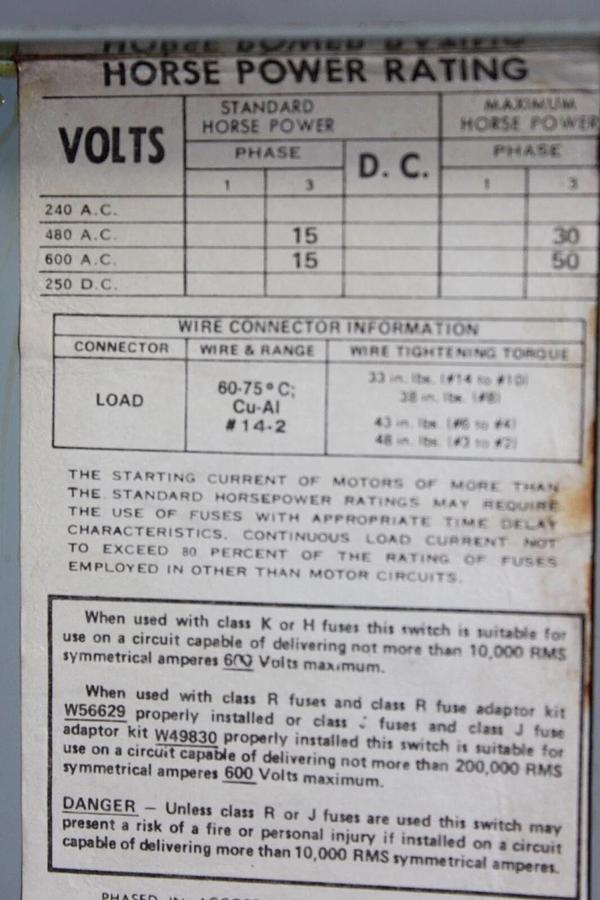 Used ITE FUSIBLE PANELBOARD TANDEM DISCONNECT V7E3622 60 AMP 600 VOLT 3-PHASE