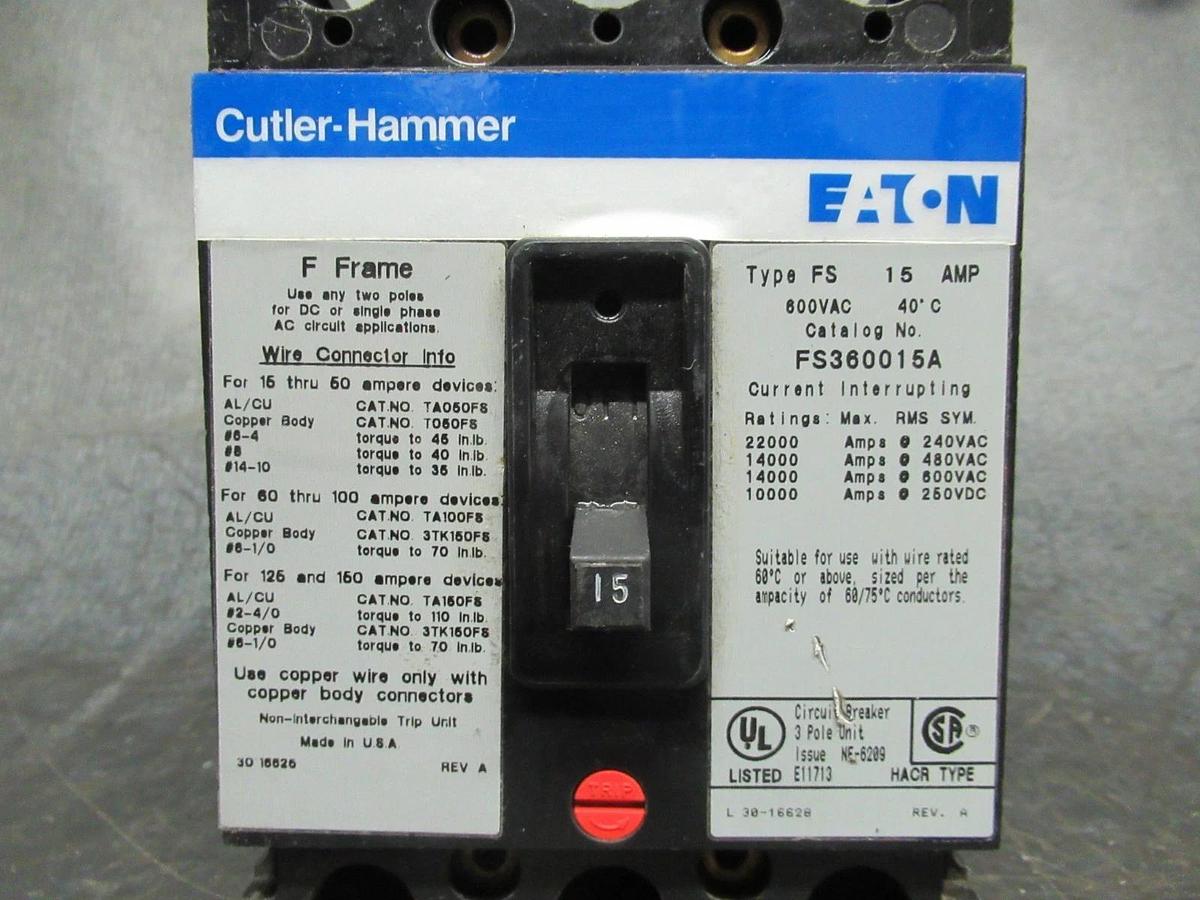 Used CUTLER HAMMER CIRCUIT BREAKER FS360015A 15A 600VAC 3-POLE **WARRANTY INCLUDED**