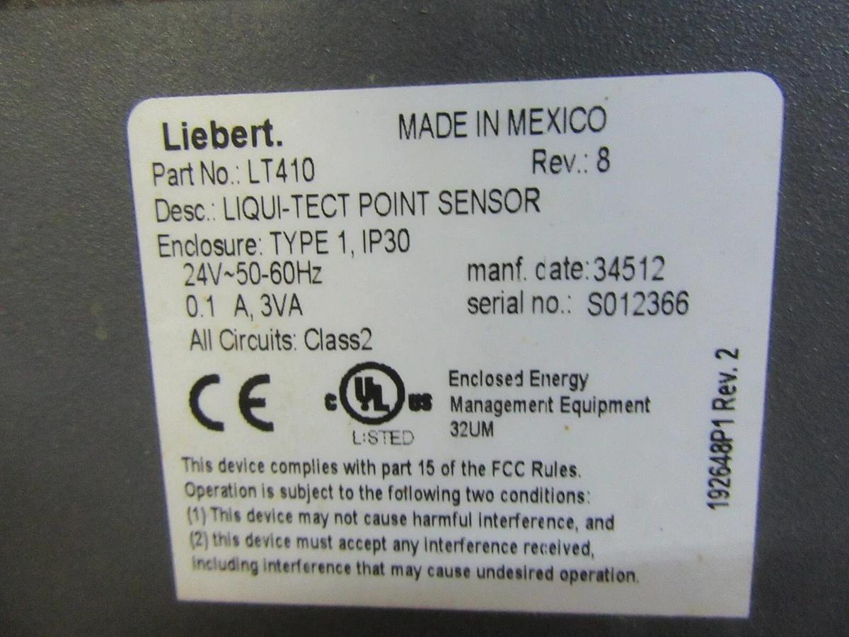 Used LIEBERT LIQUI-TECT POINT SENSOR LT410 24 VAC 0.1 AMP 3 VA TYPE 1 ENCLOSURE