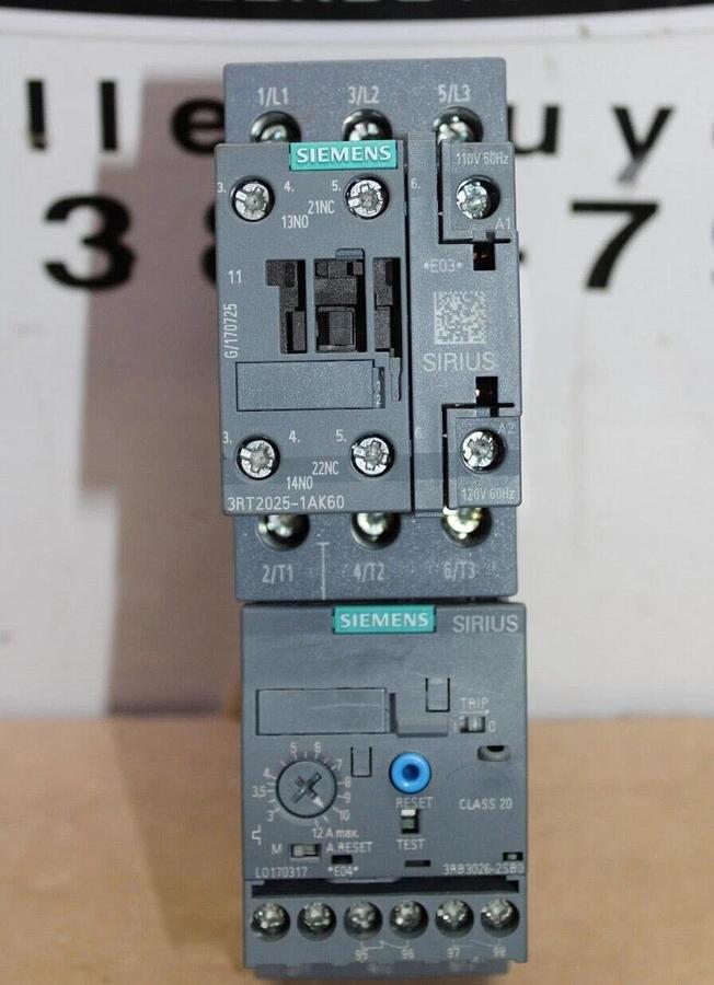 Used SIEMENS STARTER 3RB3026-2SB0 600 VAC 4 AMP W/ 3RT2025-1AK60