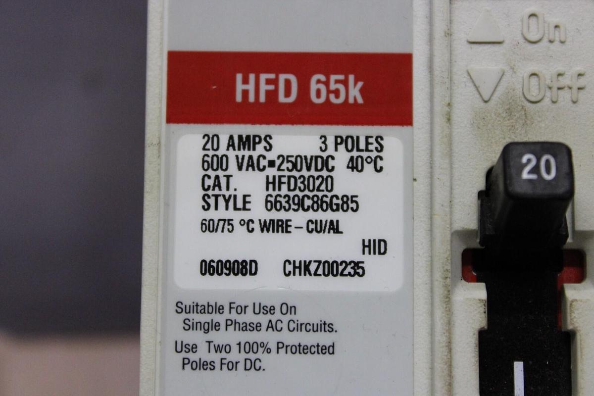 Used CUTLER HAMMER CIRCUIT BREAKER HFD3020 20 AMP 600 VAC 3-POLE *WARRANTY*