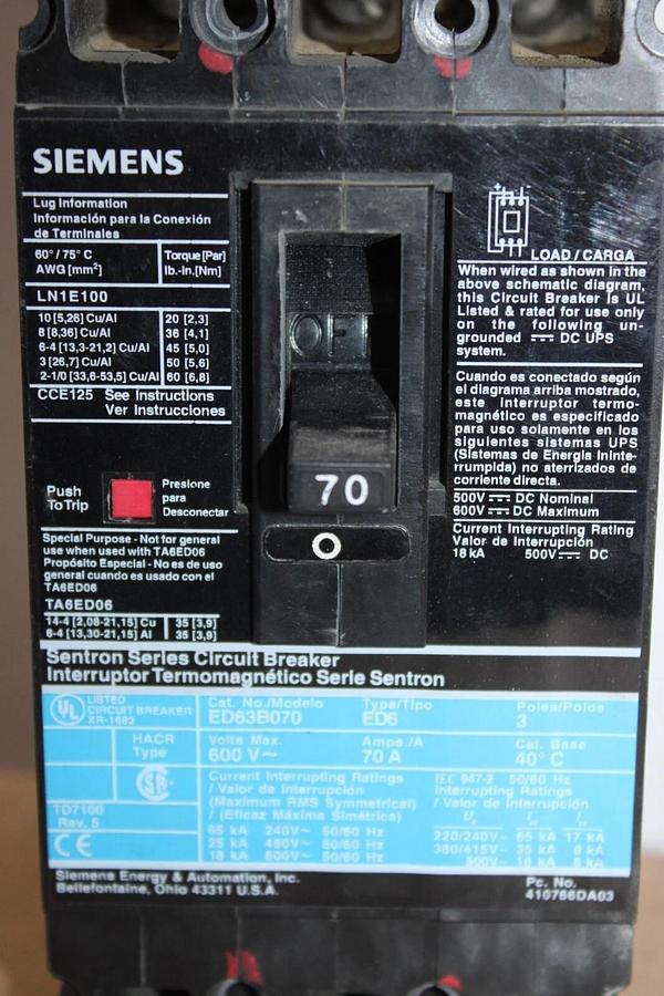 Used SIEMENS ED6 CIRCUIT BREAKER ED63B070 70 AMP 600 VAC 3-POLE **WARRANTY INCLUDED**