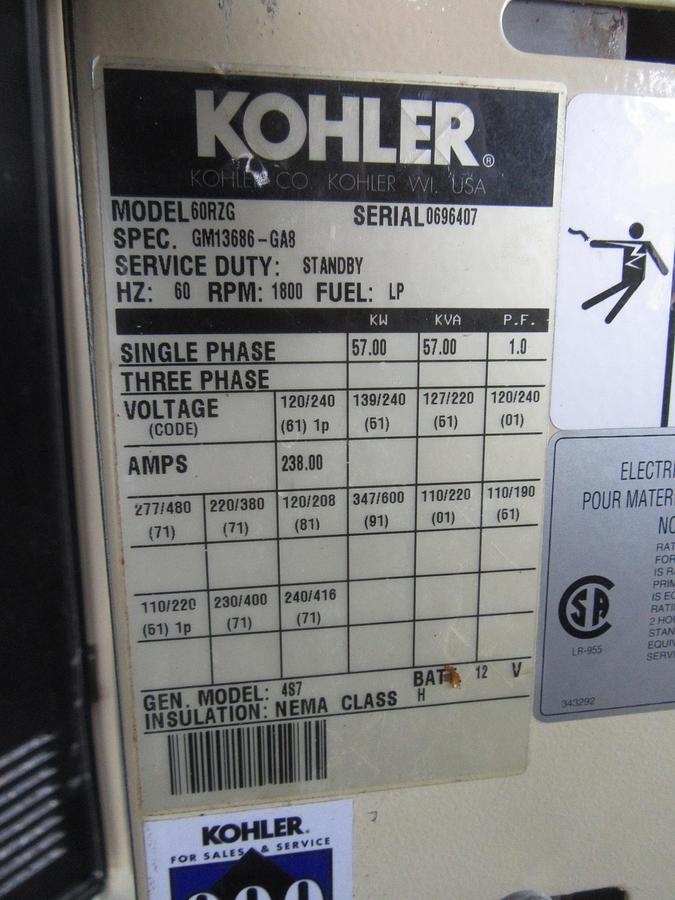 Used 60 KW PROPANE / NAT GAS GENERATOR KOHLER 120/240V 45RZG ENCLOSED VIDEO