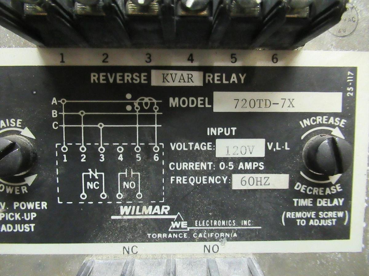Used WILMAR ELECTRONICS CII TECHNOLOGIES REVERSE KVAR RELAY 720TD-7X 120 VAC 5 AMP