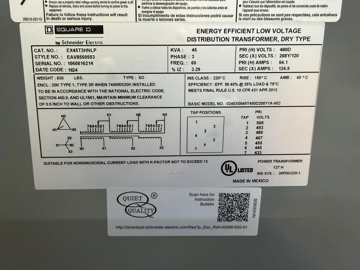 Used 45 KVA SQUARE D TRANSFORMER EX45T3HNLP PRI: 480V @ 54.1A SEC: 208/120V @ 124.9A