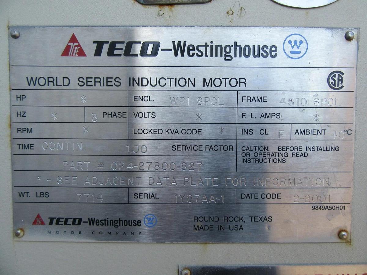 Used 886 HP TECO / YORK INDUCTION MOTOR 4160 V 3 PH 4510 FRAME 3600 RPM 108 FLA 2001