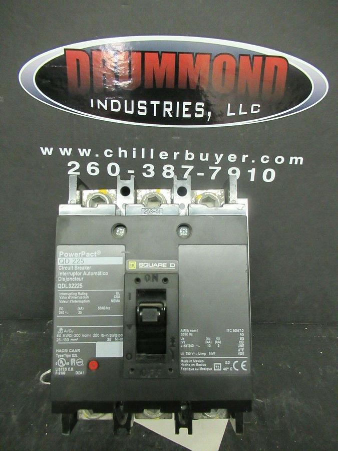 Used 225 AMP SQUARE D POWERPACT BREAKER QDL32225 3 POLE 240 VAC W/ MOUNTING PLATE